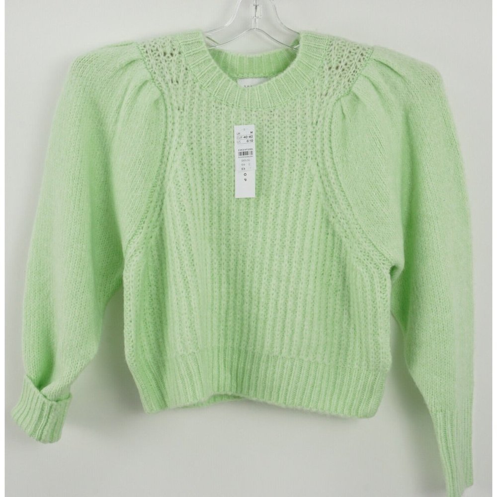 New Topshop Womens 8-10 Medium Pastel Green Knit Pleated Sleeve Rib Crew Sweater